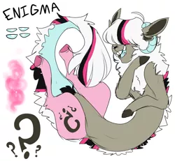 Size: 6501x6000 | Tagged: artist:halokinnie, derpibooru import, draconequus, draconequus oc, hair over eyes, horns, interspecies offspring, male, oc, oc:enigma, offspring, parent:discord, parent:pinkie pie, parents:discopie, ram horns, reference sheet, safe, simple background, solo, unofficial characters only, white background