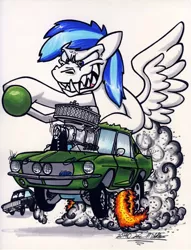 Size: 1024x1338 | Tagged: safe, artist:sketchywolf-13, derpibooru import, oc, unnamed oc, unofficial characters only, pegasus, pony, blower, cars (pixar), chevrolet, chevrolet camaro, commission, fangs, fire, ford, ford mustang, gasser, male, rat fink, sharp teeth, shelby, simple background, smoke, solo, stallion, supercharger, teeth, traditional art, white background, wings