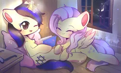 Size: 1242x750 | Tagged: safe, artist:空空, derpibooru import, fluttershy, oc, oc:forestar, moose, pegasus, pony, unicorn, blushing, book, cloud, cushion, cute, evening, glasses, indoors, love, magic, moon, my little pony, night, shyabetes, sky, stars, window