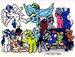 Size: 1024x792 | Tagged: safe, artist:sketchywolf-13, derpibooru import, oc, oc:circuit mane, oc:sketchy, unofficial characters only, earth pony, pegasus, pony, unicorn, car, clothes, cutie mark, female, hat, horn, knife, lincoln (car), lincoln continental, male, mare, simple background, stallion, tail, traditional art, trunk, white background, wings