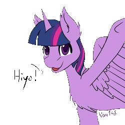 Size: 2000x2000 | Tagged: safe, artist:noxi1_48, derpibooru import, twilight sparkle, twilight sparkle (alicorn), alicorn, pony, animated, chest fluff, cute, dialogue, ear fluff, female, high res, looking at you, mare, simple background, smile and wave, solo, speech bubble, talking to viewer, transparent background, twiabetes, waving
