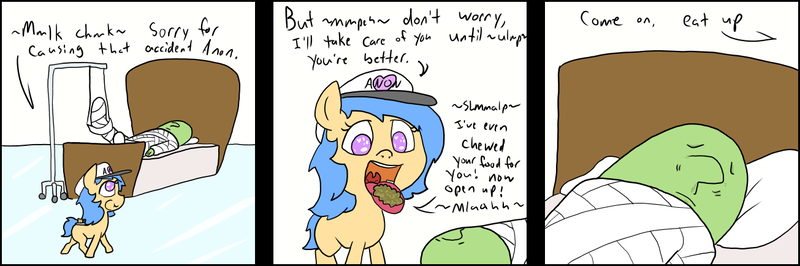 Size: 1305x434 | Tagged: safe, artist:happy harvey, derpibooru import, oc, oc:anon, oc:little league, unofficial characters only, earth pony, human, pony, adult, bed, caring, caring for the sick, cast, chewing, colored pupils, comic, dialogue, drawn on phone, eating, feeding, female, filly, food, male, on bed, talking with your mouth full, walking