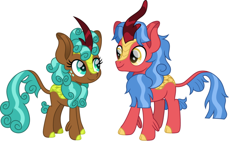 Size: 2429x1500 | Tagged: safe, artist:cloudyglow, derpibooru import, biscuit, spur, kirin, cloven hooves, colored hooves, cute, duo, female, freckles, kirinified, looking at each other, male, simple background, species swap, spurbetes, transparent background