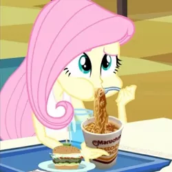 Size: 632x632 | Tagged: safe, derpibooru import, edit, edited screencap, screencap, fluttershy, equestria girls, equestria girls (movie), cropped, cup noodles, food, noodles, puffy cheeks, ramen, solo, veggie burger