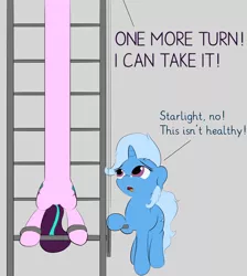 Size: 1860x2074 | Tagged: safe, artist:vultraz, derpibooru import, starlight glimmer, trixie, pony, unicorn, dialogue, duo, female, floppy ears, gray background, long glimmer, long pony, mare, rack, simple background, stretching, stretchy, text, worried