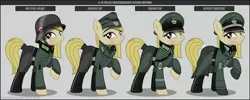 Size: 1280x512 | Tagged: safe, artist:brony-works, derpibooru import, oc, unofficial characters only, earth pony, pony, blonde, blue eyes, boots, clothes, earth pony oc, eyelashes, female, hat, helmet, mare, nazi, nazi germany, nazipone, panzergrenadier, raised hoof, reference sheet, schutzstaffel, shoes, smiling, solo, uniform, waffen-ss, world war ii