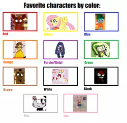 Size: 697x672 | Tagged: safe, derpibooru import, apple bloom, fluttershy, rainbow dash, royal ribbon, oc, oc:mitta, oc:ruby, pegasus, pony, story of the blanks, abby's flying fairy school, anarchy stocking, black, blue, brown, chibiusa tsukino, clothes, creepybloom, crossover, cuphead, cuphead (character), designing women, dress, favourite characters by color meme, five nights at freddy's, food, foxy, freddy fazbear, gonnigan, gray, green, mario, movieunleashers, my life as a teenage robot, nintendo, orange, panty and stocking with garterbelt, pink, princess daisy, purple, qt-2, red, sailor moon, sesame street, studio mdhr, text, vexus, white, yellow