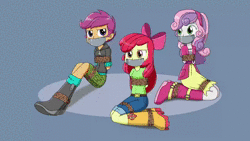 Size: 1280x720 | Tagged: suggestive, artist:nivek15, artist:sonicrock56, derpibooru import, apple bloom, scootaloo, sweetie belle, equestria girls, animated, arm behind back, blinking, bondage, boots, bound, bound and gagged, bow, clothes, cutie mark crusaders, female, gag, gray background, jeans, muffled words, pants, rope, rope bondage, shoes, shorts, simple background, skirt, sound, struggling, tape, tape gag, tied up, webm