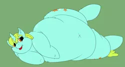 Size: 4445x2381 | Tagged: safe, artist:watertimdragon, derpibooru import, whoa nelly, pony, unicorn, belly, belly button, big belly, cute, fat, female, green background, high res, lying, mare, obese, simple background, solo, tongue out, whoa nellybetes