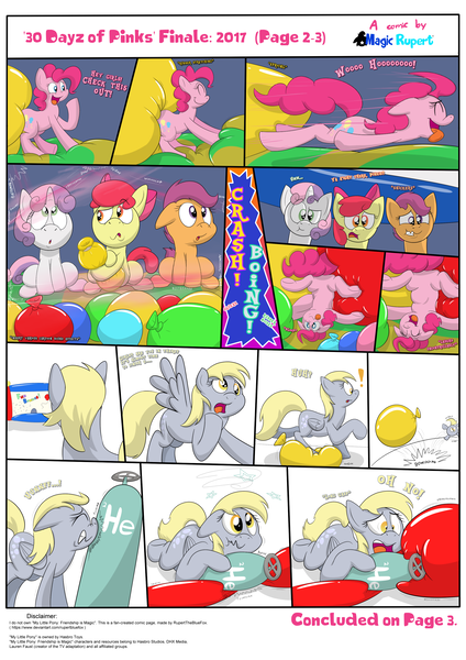 Size: 2480x3508 | Tagged: safe, artist:rupertbluefox, derpibooru import, apple bloom, derpy hooves, pinkie pie, scootaloo, sweetie belle, earth pony, pegasus, pony, unicorn, series:30 dayz of pinks, balloon, balloon sitting, bouncing, bouncy castle, circling stars, comic, cute, cutie mark crusaders, derp, descriptive noise, dizzy, featureless crotch, female, filly, happy, helium tank, high res, inflatable, mare, onomatopoeia, playing, silly, squeak, squishy, tongue out, upside down