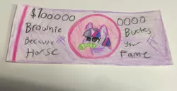 Size: 2048x1058 | Tagged: safe, artist:nootaz, derpibooru import, twilight sparkle, pony, don't dead open inside, irl, money, mouth hold, photo, traditional art, twiggie
