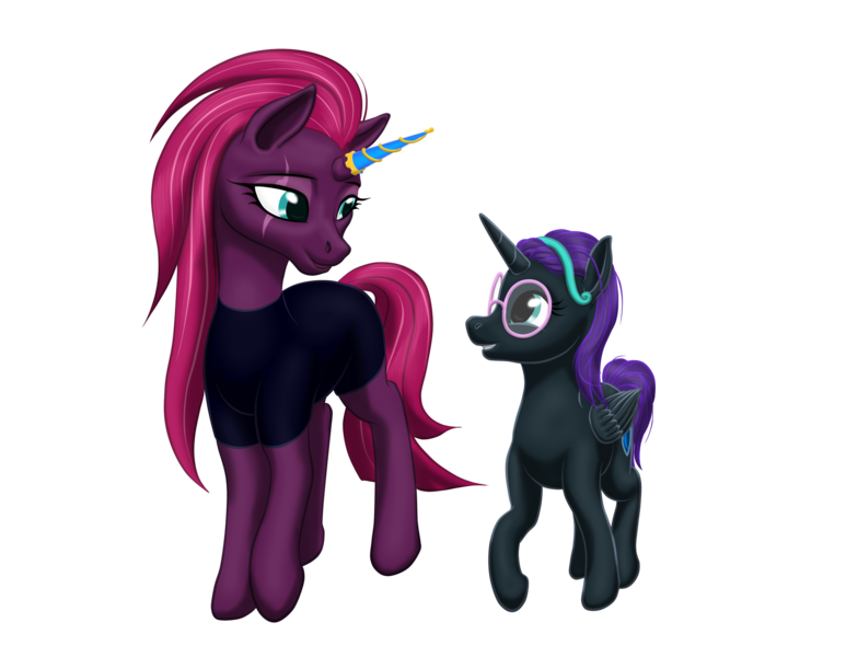 Size: 2050x1591 | Tagged: safe, artist:vasillium, derpibooru import, fizzlepop berrytwist, tempest shadow, oc, oc:nyx, alicorn, pony, unicorn, accessories, alicorn oc, clothes, cutie mark, eye scar, female, filly, happy, headband, horn, looking at each other, mare, moon, nostrils, prosthetic horn, prosthetics, scar, shield, simple background, teeth, tempest gets her horn back, transparent background, uniform, wings