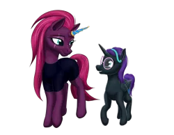 Size: 2050x1591 | Tagged: safe, artist:vasillium, derpibooru import, fizzlepop berrytwist, tempest shadow, oc, oc:nyx, alicorn, pony, unicorn, accessories, alicorn oc, clothes, cutie mark, eye scar, female, filly, happy, headband, horn, looking at each other, mare, moon, nostrils, prosthetic horn, prosthetics, scar, shield, simple background, teeth, tempest gets her horn back, transparent background, uniform, wings