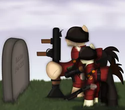 Size: 2550x2240 | Tagged: safe, artist:99999999000, derpibooru import, oc, oc:cwe, ponified, earth pony, pony, unicorn, coronavirus, covid-19, direct hit, grave, gun, in memoriam, rest in peace, rick may, rocket launcher, shotgun, soldier, team fortress 2, valve, weapon
