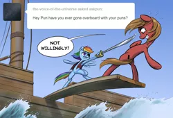 Size: 1176x800 | Tagged: safe, artist:almaska, derpibooru import, rainbow dash, oc, oc:pun, pony, ask pun, ask, bipedal, pirate dash, ship, sword, walking the plank, weapon