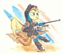 Size: 1280x1134 | Tagged: safe, artist:zocidem, derpibooru import, oc, oc:stjonal, pegasus, pony, crossover, overwatch, solo, traditional art, weapon