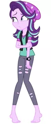 Size: 354x857 | Tagged: safe, artist:aqua-pony, derpibooru import, editor:thomasfan45, starlight glimmer, human, equestria girls, mirror magic, spoiler:eqg specials, barefoot, beanie, clothes, cute, feet, female, hat, legs, nervous, pants, rubbing arm, shirt, simple background, solo, vector, vest, watch, white background