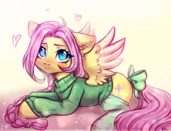 Size: 2600x2000 | Tagged: safe, artist:zefirka, derpibooru import, fluttershy, pegasus, pony, alternate hairstyle, bow, braid, clothes, cute, digital art, female, heart, looking at you, mare, prone, shyabetes, smiling, socks, solo, spread wings, striped socks, sweater, sweatershy, tail bow, wings