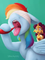 Size: 3000x4000 | Tagged: safe, artist:smallhorses, derpibooru import, rainbow dash, saffron masala, pegasus, fanfic:a small issue, absurd resolution, blindfold, drool, drool string, eating, fanfic art, food, graffiti, gullet, implied discord, mawshot, mistake, open mouth, pepper, salivating, taste buds, this will end in tears, tongue out, uvula, we'll be right back