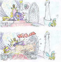 Size: 1024x1037 | Tagged: safe, artist:grimmyweirdy, derpibooru import, princess twilight 2.0, smolder, twilight sparkle, twilight sparkle (alicorn), alicorn, pony, unicorn, comic:dragon diplomacy, the last problem, future, guard, kidnapped, misleading thumbnail, older, older twilight, onomatopoeia, royal guard, sleeping, sound effects, stained glass, throne room, traditional art, z