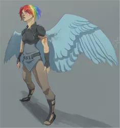 Size: 1280x1360 | Tagged: alternate hairstyle, alternate universe, armor, artist:joan-grace, belt, blue background, boots, clothes, derpibooru import, female, fingerless gloves, gloves, human, humanized, pants, rainbow dash, rope, safe, scar, shirt, shoes, simple background, solo, winged humanization, wings