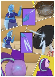 Size: 886x1240 | Tagged: safe, artist:dragontissdragon, derpibooru import, starlight glimmer, trixie, anthro, unicorn, blast, butt, comic, commission, duo, exclamation point, expansion, finger gun, food, frying pan, glimmer glutes, glowing horn, growth, horn, interrobang, looking back, magic, magic beam, magic blast, muffin, question mark, reflected, spell, this will end in weight gain, zapped