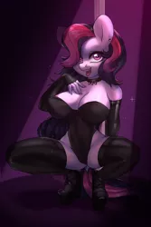 Size: 2000x3000 | Tagged: suggestive, alternate version, artist:sugarstar, derpibooru import, oc, unofficial characters only, anthro, earth pony, plantigrade anthro, breasts, choker, clothes, collar, commission, ear piercing, erect nipples, evening gloves, eyeshadow, female, fingerless elbow gloves, fingerless gloves, gloves, high heels, latex, latex socks, latex suit, leotard, long gloves, looking at you, makeup, mare, nipple outline, open mouth, piercing, rcf community, sexy, shoes, simple background, socks, solo, solo female, sparkles, squatting, stockings, stripper pole, thigh highs, thong leotard, tongue out, underass, ych result