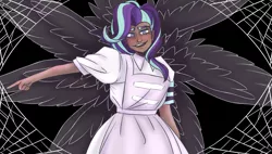 Size: 1236x701 | Tagged: safe, derpibooru import, starlight glimmer, human, unicorn, apron, armband, clothes, creepy, creepy smile, cult, cult leader, cultist, dark skin, equal sign, equality, equality cult, equalized, ghost and pals, glim jones, honey i'm home, humanized, industrial catholic bugcore, smiling, solo, song reference, spider web, this will end in communism, this will end in jonestown, vocaloid, wings