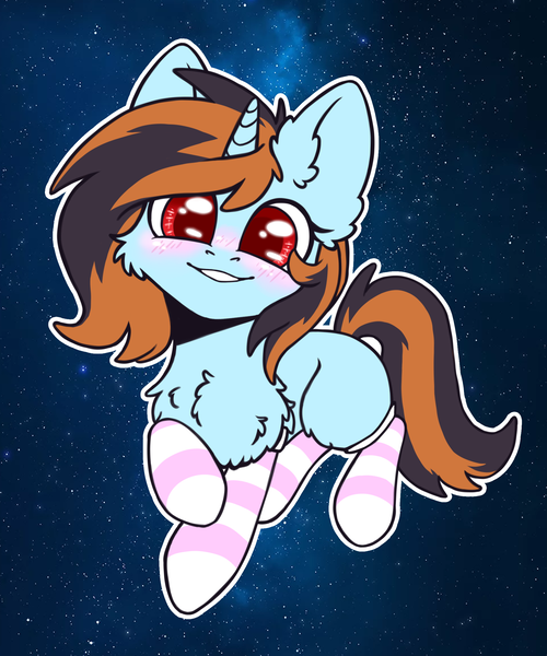 Size: 2000x2400 | Tagged: safe, artist:dark lightning, derpibooru import, oc, unofficial characters only, pony, unicorn, blushing, cheek fluff, chest fluff, clothes, ear fluff, happy, smiley face, smiling, socks, solo, space, stockings, striped socks, thigh highs, weightlessness