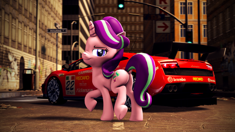 Size: 3840x2160 | Tagged: safe, artist:psfmer, derpibooru import, starlight glimmer, pony, unicorn, 3d, 4k, building, butt, car, city, dock, lamborghini gallardo, leg lifted, looking at you, looking back, looking back at you, plot, road, scrunchy face, smiling, smirk, solo, source filmmaker, street sign, traffic light, urban