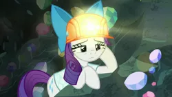 Size: 1920x1080 | Tagged: safe, derpibooru import, screencap, rarity, pony, unicorn, dragon dropped, cave, clothes, female, gem, gem cave, hard hat, headlamp, helmet, mare, mining helmet, sad, solo