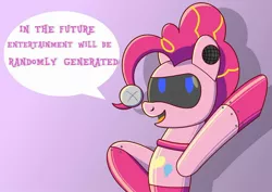 Size: 1280x905 | Tagged: safe, artist:trackheadtherobopony, derpibooru import, pinkie pie, pony, robot, robot pony, pinkie bot, roboticization, solo, speech bubble, text, veggietales