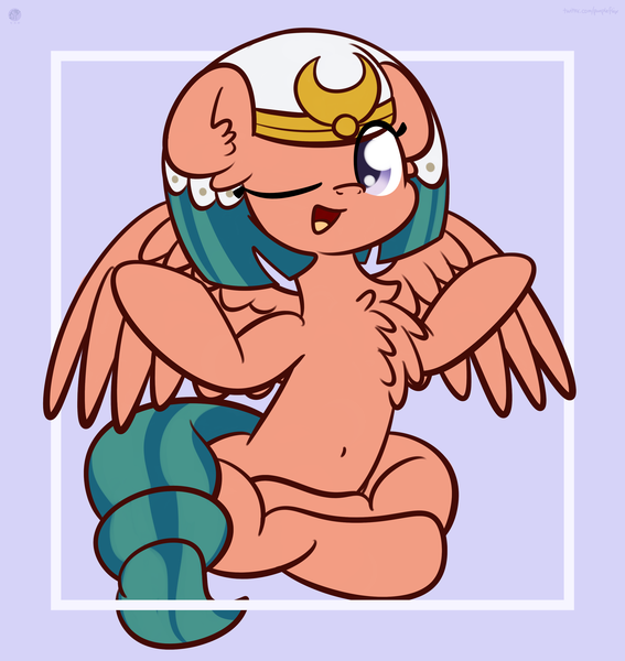 Size: 3072x3250 | Tagged: safe, artist:kimjoman, derpibooru import, somnambula, pegasus, pony, belly button, chest fluff, crossed legs, cute, ear fluff, female, high res, mare, omnambula, one eye closed, open mouth, sitting, solo, somnambetes, wink, yoga
