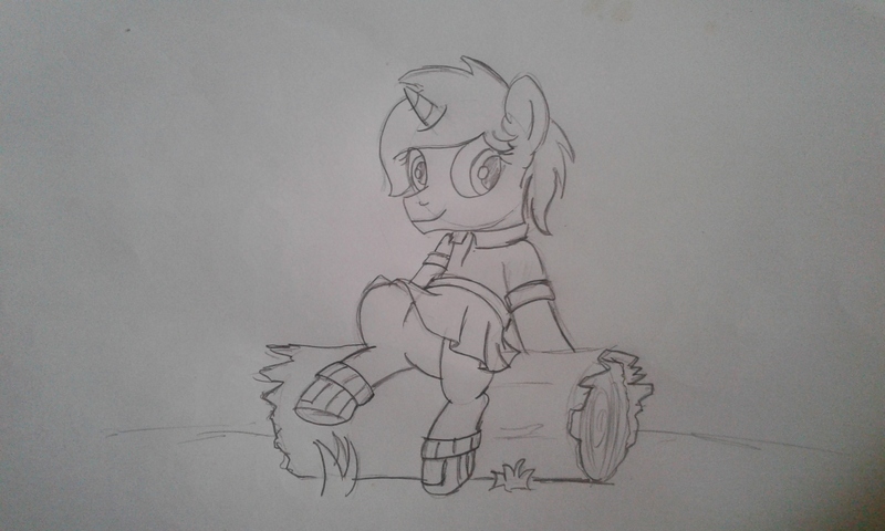 Size: 2560x1536 | Tagged: safe, artist:peternators, derpibooru import, oc, pony, unicorn, clothes, colt, crossdressing, dress, fake eyelashes, femboy, log, male, monochrome, sitting, sketch, teenager, traditional art