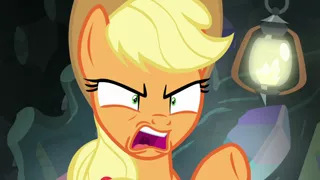 Size: 1920x1080 | Tagged: safe, derpibooru import, screencap, applejack, earth pony, pony, dragon dropped, angry, applejack is not amused, female, gem cave, irritated, lantern, looking at someone, mare, pointing, ponytail, shrunken pupils, solo, unamused, uvula, yelling