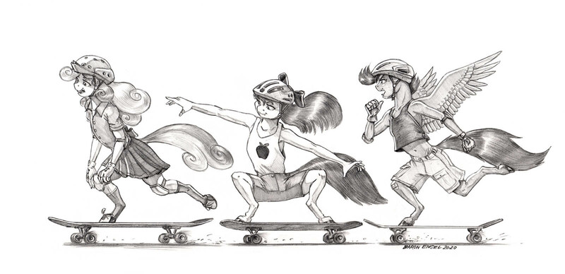 Size: 1600x775 | Tagged: safe, artist:baron engel, derpibooru import, apple bloom, scootaloo, sweetie belle, anthro, earth pony, pegasus, unguligrade anthro, unicorn, clothes, cutie mark crusaders, elbow pads, female, gloves, grayscale, helmet, image, jpeg, knee pads, monochrome, pencil drawing, shirt, shoes, shorts, simple background, skateboard, skateboarding, skirt, socks, tanktop, traditional art, white background