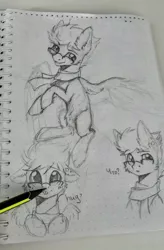 Size: 710x1080 | Tagged: safe, artist:dark lightning, derpibooru import, oc, oc:alan techard, unofficial characters only, pegasus, pony, boop, clothes, floppy ears, glasses, hug request, noseboop, pencil, scarf, traditional art
