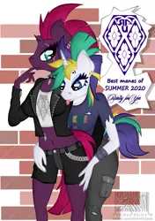 Size: 775x1100 | Tagged: safe, artist:virenth, derpibooru import, rarity, tempest shadow, anthro, unicorn, alternate hairstyle, belly button, clothes, ear piercing, female, jacket, leather jacket, lesbian, looking at you, midriff, piercing, punk, raripunk, rarity for you, shipping, standing, tempity, tongue out, watermark