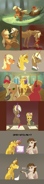 Size: 2152x8993 | Tagged: safe, artist:varwing, derpibooru import, apple bloom, applejack, big macintosh, trenderhoof, oc, oc:apple jam, oc:berry crown, oc:ida red, oc:pacifica rose, earth pony, pegasus, pony, unicorn, cart, female, magic, male, mare, math, offspring, parent:applejack, parent:cheese sandwich, parent:pinkie pie, parent:trenderhoof, parents:cheesepie, parents:trenderjack, quill, shipping, straight, trenderjack