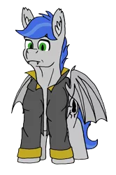 Size: 1713x2581 | Tagged: safe, artist:summerium, derpibooru import, oc, oc:shade stride, unofficial characters only, bat pony, bat wings, clothes, ear fluff, fangs, front view, jacket, male, sierra nevada, simple background, solo, transparent background, wings