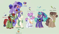 Size: 1920x1128 | Tagged: safe, artist:kyper-space, artist:shiibases, derpibooru import, oc, oc:bonsai leaf, oc:cherry soda, oc:clairabelle, oc:glowing lights, oc:icy pop, oc:smart cookie, unofficial characters only, earth pony, pegasus, pony, unicorn, base used, bowtie, bracelet, clothes, colored hooves, colored pupils, deviantart watermark, ear piercing, earring, female, freckles, glasses, goggles, hair ribbon, hat, headphones, jewelry, magical lesbian spawn, male, mare, next generation, obtrusive watermark, offspring, parent:applejack, parent:big macintosh, parent:cheese sandwich, parent:fancypants, parent:fluttershy, parent:pinkie pie, parent:rainbow dash, parent:rarity, parent:starlight glimmer, parent:sunset shimmer, parent:trixie, parent:twilight sparkle, parents:appledash, parents:cheesepie, parents:fluttermac, parents:raripants, parents:startrix, parents:sunsetsparkle, piercing, scarf, stallion, watermark