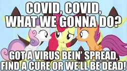 Size: 1280x720 | Tagged: safe, derpibooru import, edit, edited screencap, editor:useraccount, screencap, earth pony, pegasus, pony, unicorn, one bad apple, babs seed song, bow, caption, coronavirus, covid-19, hair bow, image macro, implied death, song reference, text, trio