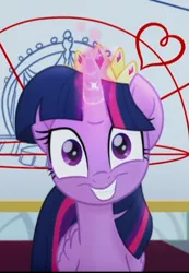 Size: 315x454 | Tagged: safe, derpibooru import, screencap, twilight sparkle, twilight sparkle (alicorn), alicorn, pony, my little pony: the movie, cropped, crown, cute, female, glowing horn, grin, horn, jewelry, looking at you, mare, nervous, nervous grin, regalia, smiling, solo, twiabetes