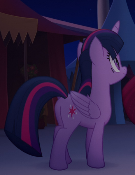 Size: 527x683 | Tagged: safe, derpibooru import, screencap, twilight sparkle, twilight sparkle (alicorn), alicorn, pony, my little pony: the movie, butt, cropped, female, folded wings, mare, night, plot, rear view, smiling, solo, wings