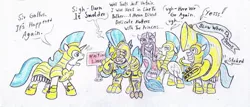 Size: 1024x439 | Tagged: artist:grimmyweirdy, comic:dragon diplomacy, derpibooru import, diplomat, facepalm, gallus, golden armor, guard, implied smolder, musical instrument, older, older gallus, royal guard, royal guard gallus, safe, sousaphone, the last problem, traditional art