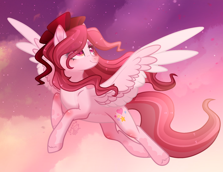 Size: 2033x1569 | Tagged: safe, artist:sugaryicecreammlp, derpibooru import, oc, oc:candy sweets, pegasus, pony, bow, female, flying, hair bow, mare, solo, two toned wings, wings