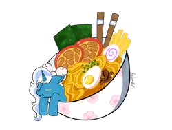 Size: 1280x960 | Tagged: safe, artist:libertad10, derpibooru import, oc, oc:fleurbelle, unofficial characters only, alicorn, pony, alicorn oc, bow, bowl, chopsticks, egg, eyes closed, female, food, hair bow, horn, mare, noodles, seaweed, simple background, smiling, solo, sushi, transparent background, wings