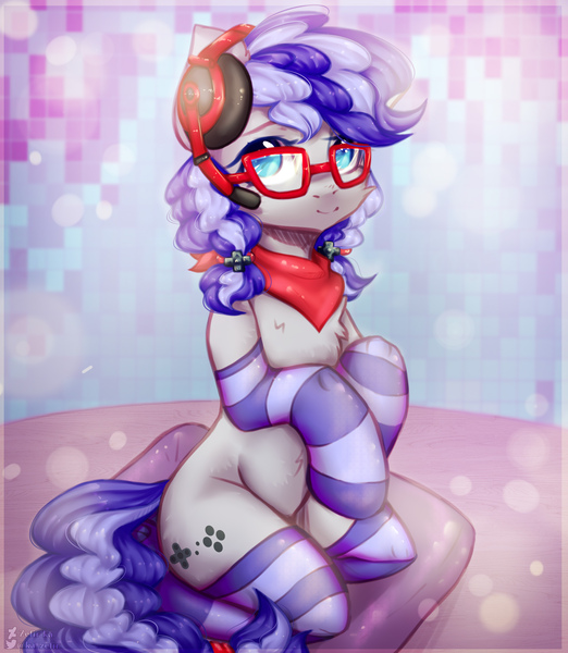 Size: 2000x2300 | Tagged: safe, artist:zefirka, derpibooru import, oc, oc:cinnabyte, unofficial characters only, earth pony, semi-anthro, adorkable, bandana, clothes, commission, cute, dork, female, glasses, headset, kneeling, mare, smiling, socks, solo, striped socks, your character here