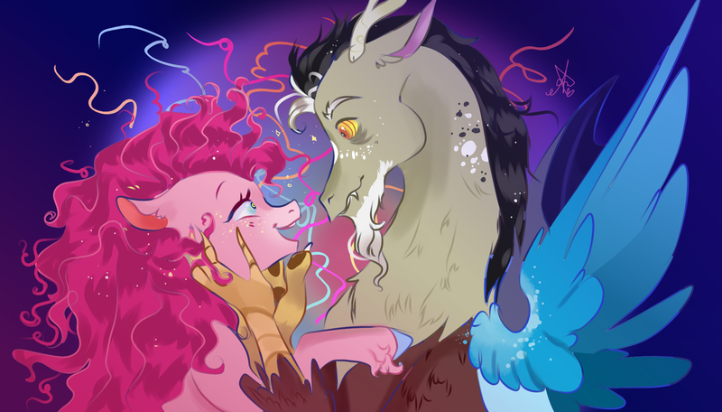 Size: 2019x1152 | Tagged: safe, artist:bunnari, derpibooru import, discord, pinkie pie, draconequus, earth pony, pony, bust, discopie, eye contact, female, floppy ears, looking at each other, male, mare, messy mane, profile, shipping, smiling, spread wings, straight, unshorn fetlocks, wings