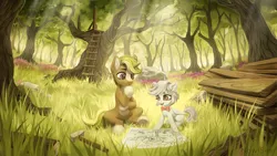 Size: 1920x1080 | Tagged: safe, artist:inowiseei, derpibooru import, oc, oc:silver beam, oc:sofi, unofficial characters only, pegasus, pony, unicorn, blueprint, bowtie, crepuscular rays, duo, forest, hammer, ladder, logs, pale belly, sitting, timber, tree, treehouse, wallpaper